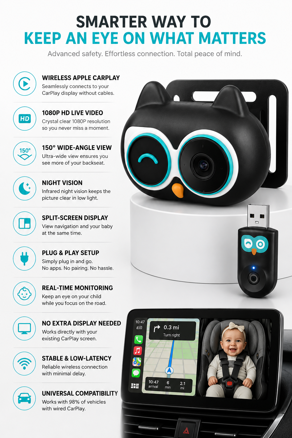 REARSIGHT Car Baby Monitor System with Split Screen Wide Angle Rear Seat Camera and Stable Real-Time Transmission